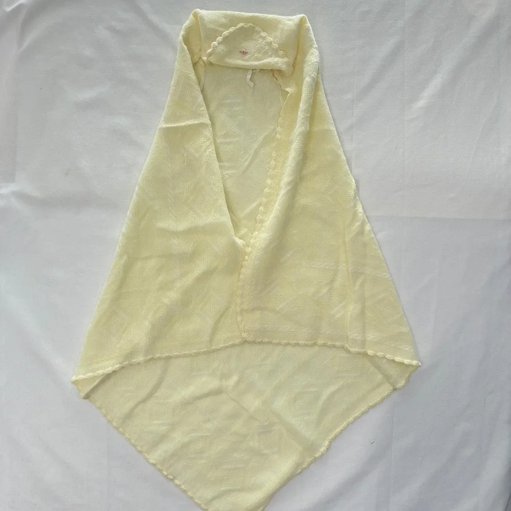 Vintage Handmade Hooded Baby Shawl Heirloom Blanket Layette Butter Yellow Pastel